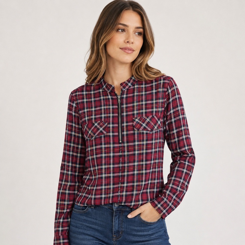 Plaid Quarter Zip Blouse Roll Tab Sleeve Women M Red Tartan Top no brand